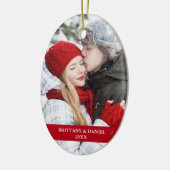 Paar Foto voorzijde | Snowflakes Rood ovaal Keramisch Ornament (Links)