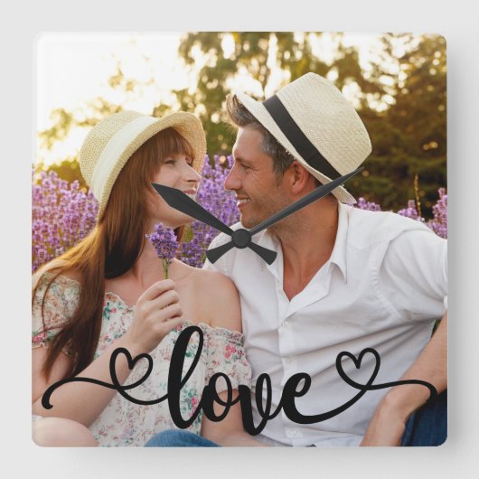 Paar-fotoliefdesprogramma's en -hartenkalligrafie vierkante klok (Voorkant)