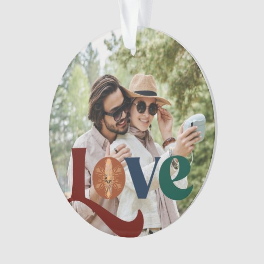 Paar fotoliefdesscript gepersonaliseerd ornament (voorkant)