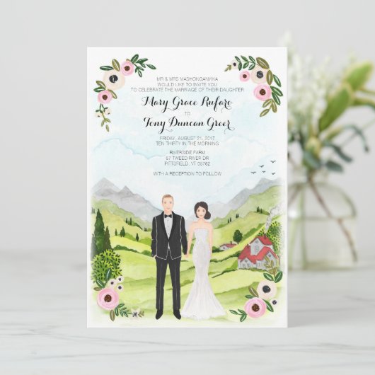 Paar Geïllustreerde Portret Trouwlandschap Kaart (Staand voorkant)