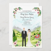 Paar Geïllustreerde Portret Trouwlandschap Kaart (Voorkant / Achterkant)