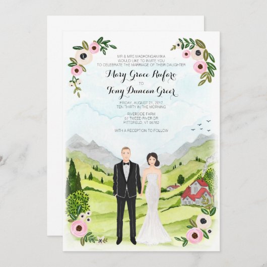 Paar Geïllustreerde Portret Trouwlandschap Kaart (Voorkant / Achterkant)