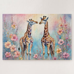 Paar giraffen in een pastel tuin legpuzzel