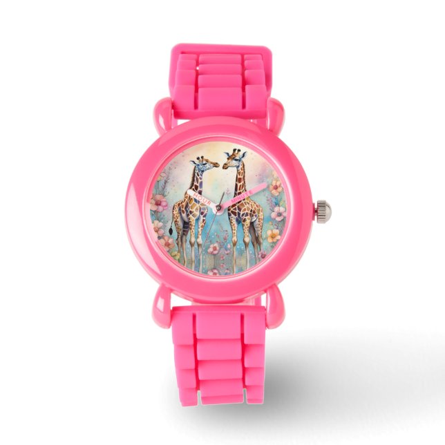 Paar Giraffes in een pasteltuin Horloge (Voorkant)