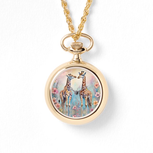 Paar Giraffes in een pasteltuin Horloge (Voorkant)