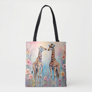 Paar Giraffes in een pasteltuin Tote Bag