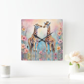 Paar Giraffes in een pasteltuin Vierkante Klok (Huis)