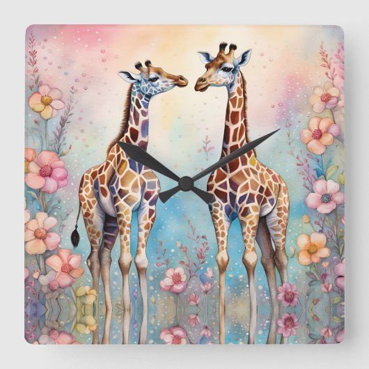 Paar Giraffes in een pasteltuin Vierkante Klok (Voorkant)