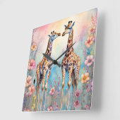 Paar Giraffes in een pasteltuin Vierkante Klok (Hoek)