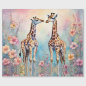 Paar Giraffes in liefde in een pasteltuin Cadeaupapier (Vlak)
