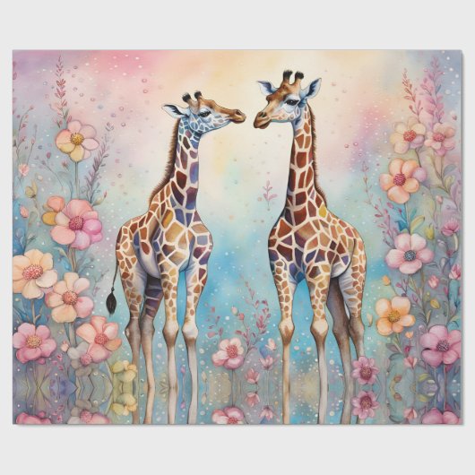 Paar Giraffes in liefde in een pasteltuin Cadeaupapier (Vlak)
