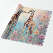 Paar Giraffes in liefde in een pasteltuin Cadeaupapier (Uitgerold)