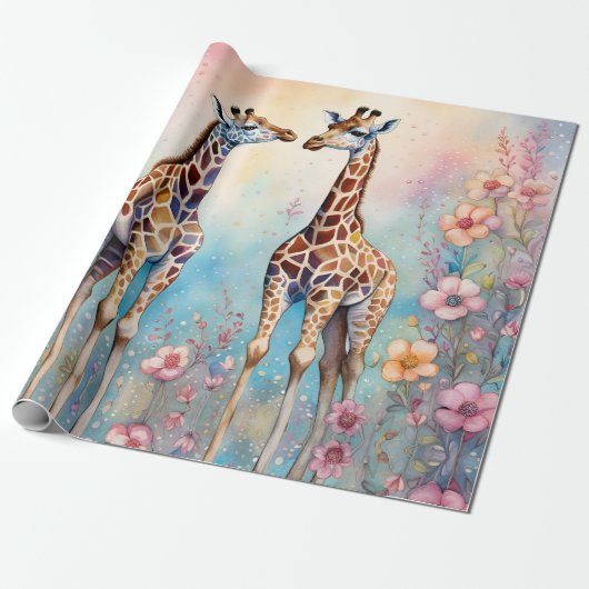 Paar Giraffes in liefde in een pasteltuin Cadeaupapier (Uitgerold)