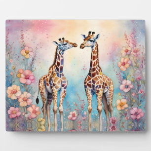 Paar Giraffes in liefde in een pasteltuin Fotoplaat