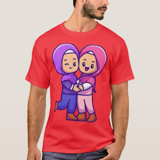 Paar Girl Moslem Celebrating Eid Mubarak Cartoon T-shirt