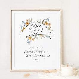 Paar Hart Vorm Handen Bloemen Lijn Kunst Poster