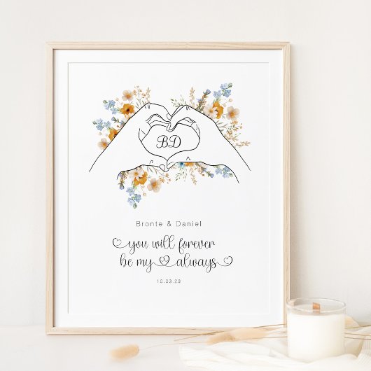 Paar Hart Vorm Handen Bloemen Lijn Kunst Poster