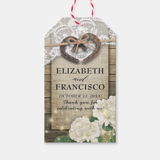 Paar Hoefijzer Hart Lace Hydrangea Wood Weddenscha Cadeaulabel (Voorkant)