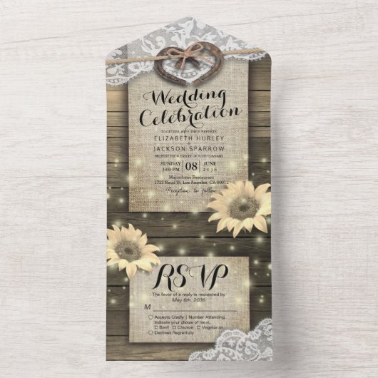 Paar Hoefijzers Lace Wood Sunflower Weddenschap RS All In One Uitnodiging (Binnen)