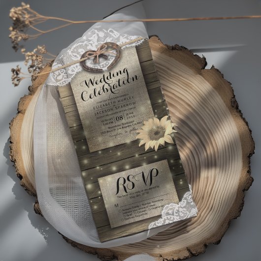 Paar Hoefijzers Lace Wood Sunflower Weddenschap RS All In One Uitnodiging