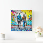 Paar Holding Handen Urban Street Art Vierkante Klok (Huis)