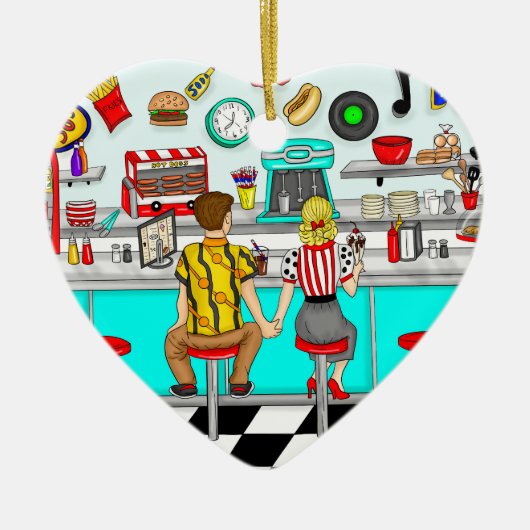 Paar Holding Hands uit 1950 op Diner Kerstmis Keramisch Ornament (Voorkant)