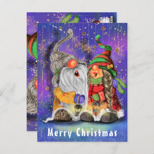 Paar Hugged Gnomen die vrolijk kerstlied zingen Briefkaart (Voorkant / Achterkant)