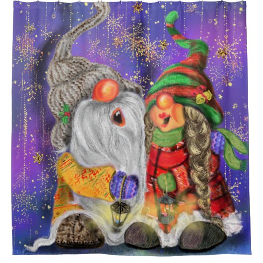 Paar Hugged Gnomen die vrolijk kerstlied zingen Douchegordijn (Voorkant)