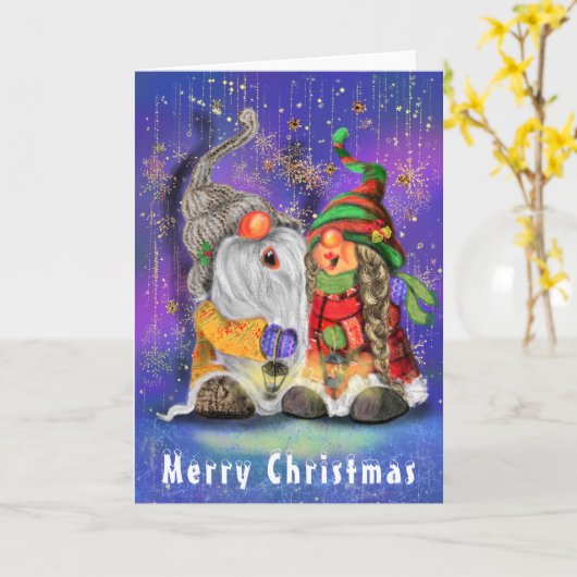 Paar Hugged Gnomen die vrolijk kerstlied zingen Kaart (Gele Bloem)