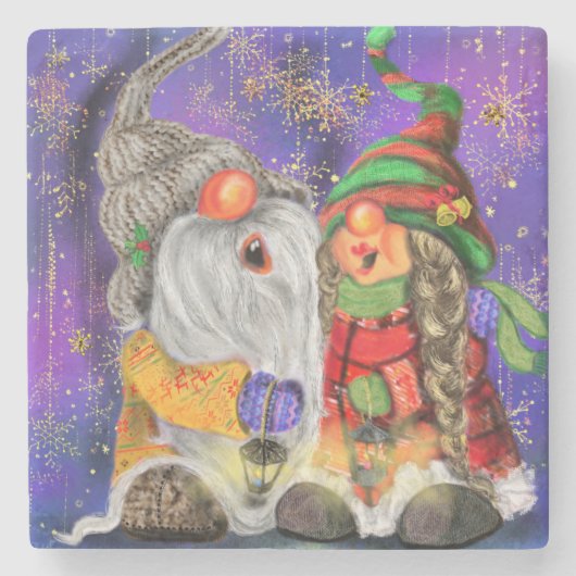 Paar Hugged Gnomen die vrolijk kerstlied zingen Stenen Onderzetter (Voorkant)