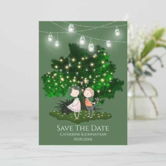 Paar illustratie string lichten boom romantisch save the date (Staand voorkant)