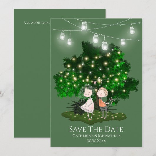Paar illustratie string lichten boom romantisch save the date (Voorkant / Achterkant)