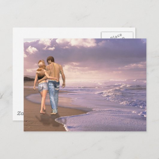 Paar in liefde lopen op het strand in de zonsonder briefkaart (Voorkant / Achterkant)