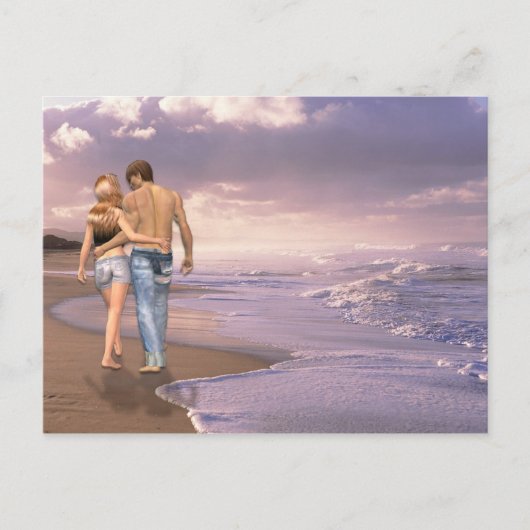 Paar in liefde lopen op het strand in de zonsonder briefkaart (Voorkant)