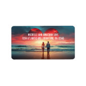 Paar in Liefde met Hart Sunset Beach Adres Etiket (Voorkant)