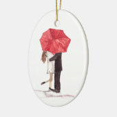 Paar in liefde onder rode paraplu keramisch ornament (Links)