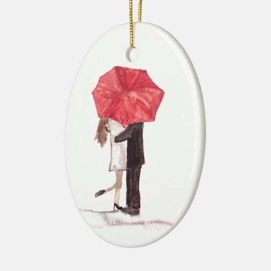 Paar in liefde onder rode paraplu keramisch ornament (Links)