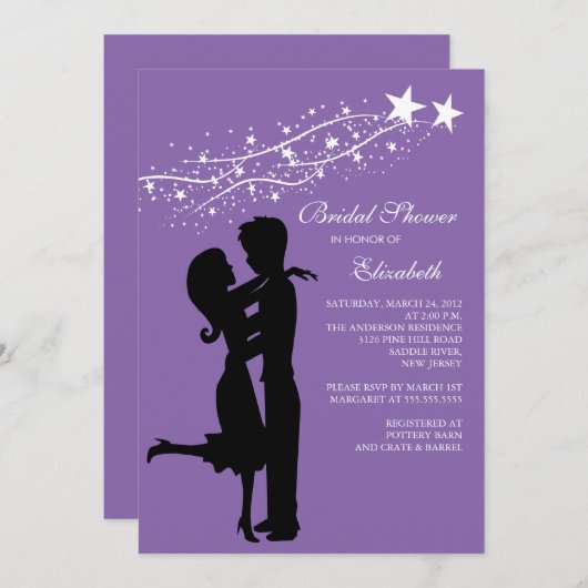 Paar in Love Bridal Shower Uitnodiging Paars (Voorkant / Achterkant)