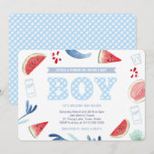 Paar in openlucht Baby shower Gingham voor jongen Kaart (Voorkant / Achterkant)