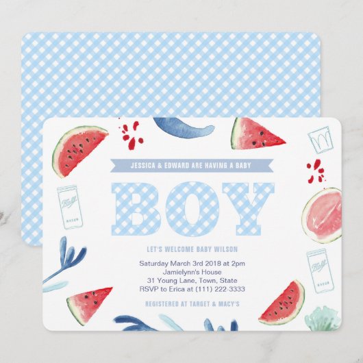 Paar in openlucht Baby shower Gingham voor jongen Kaart (Voorkant / Achterkant)