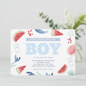 Paar in openlucht Baby shower Gingham voor jongen Kaart (Staand voorkant)