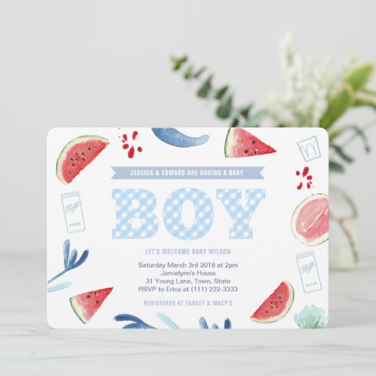 Paar in openlucht Baby shower Gingham voor jongen Kaart (Staand voorkant)