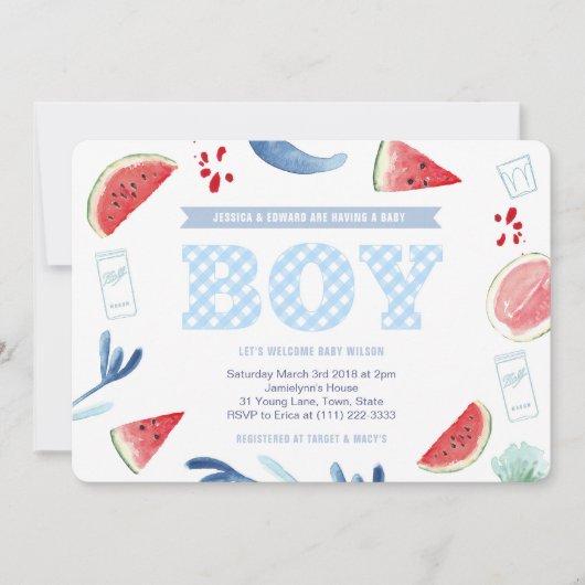 Paar in openlucht Baby shower Gingham voor jongen Kaart (Voorkant)