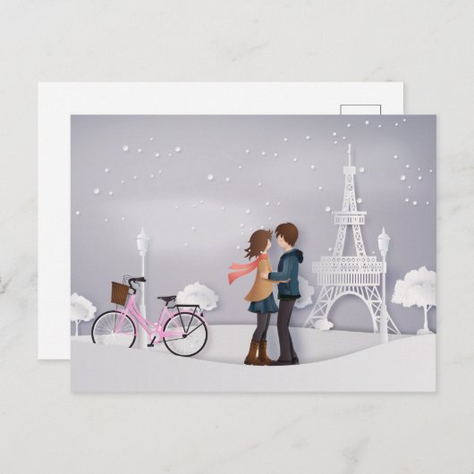 Paar in Snowy Paris met Eiffeltoren Briefkaart (Voorkant / Achterkant)