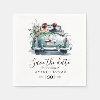 Paar in vintage auto waterverf Save the date Servet