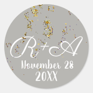 paar initialen + confetti bruiloft ronde sticker