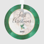 Paar is onze eerste kerstfoto en groen goud ornament (achterkant)