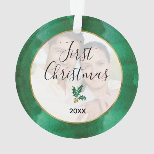 Paar is onze eerste kerstfoto en groen goud ornament (achterkant)