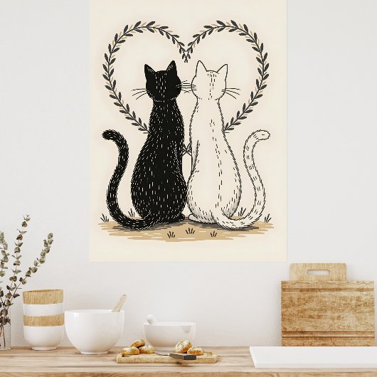 Paar katten verliefd op bloemenhart poster (Keuken)