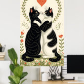 Paar katten verliefd op bloemenhart poster (Thuiskantoor)